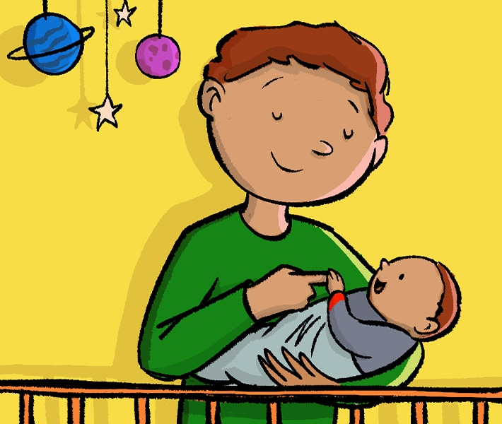 Illustration of a father holding a baby