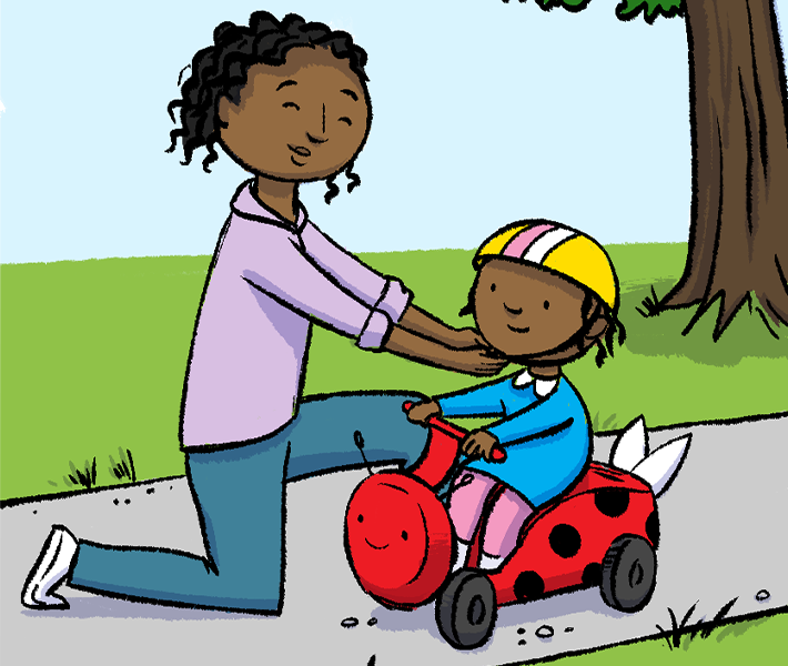 Illustration of mother placing helmet on child
