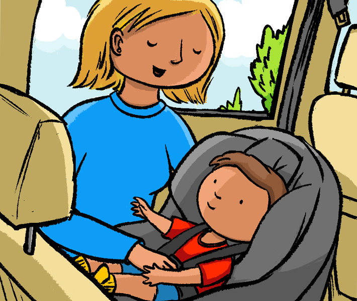 Illustration of mother securing baby into car seat.