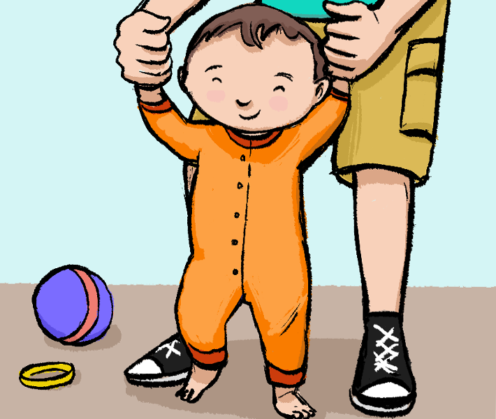Illustration of father helping baby to walk