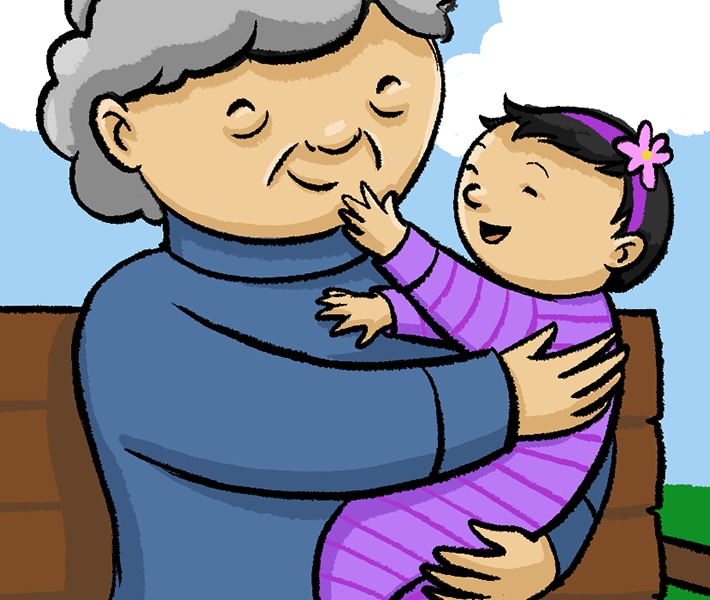 Illustration of a grandmother holding a smiling baby