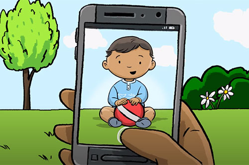 Illustration of person holding a cell phone with an image of a baby holding a ball displaying on the cell phone.