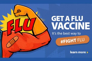 Get a flu vaccine. It's the best way to #fight flu. Learn more. image of super hero arm with band-aide.
