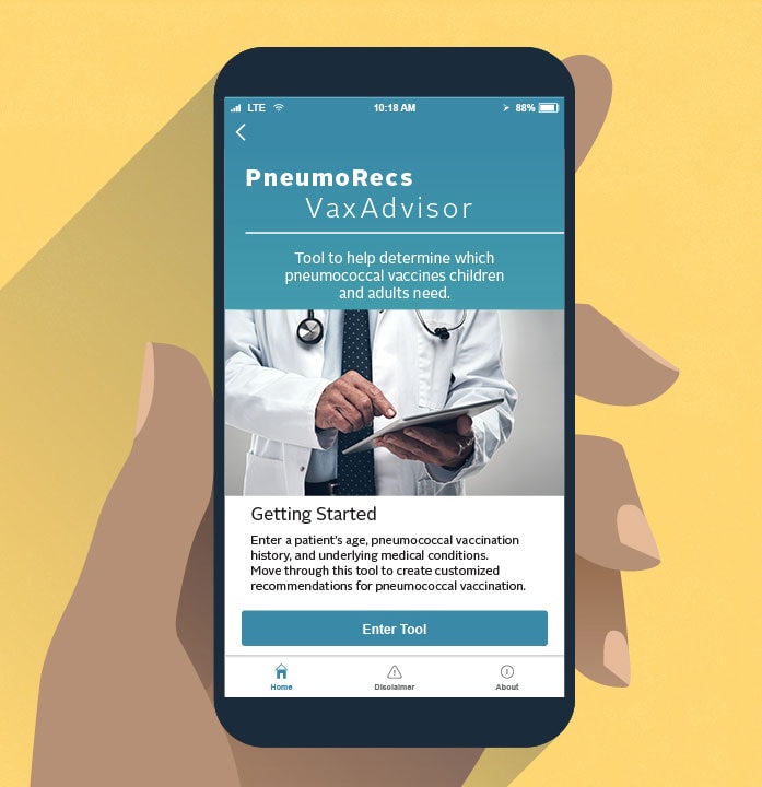 Graphic of someone holding a mobile phone displaying the PnuemoRecs VaxAdvisor app.
