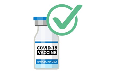 illustration of a vial containing COVID-19 vaccine and a green check mark