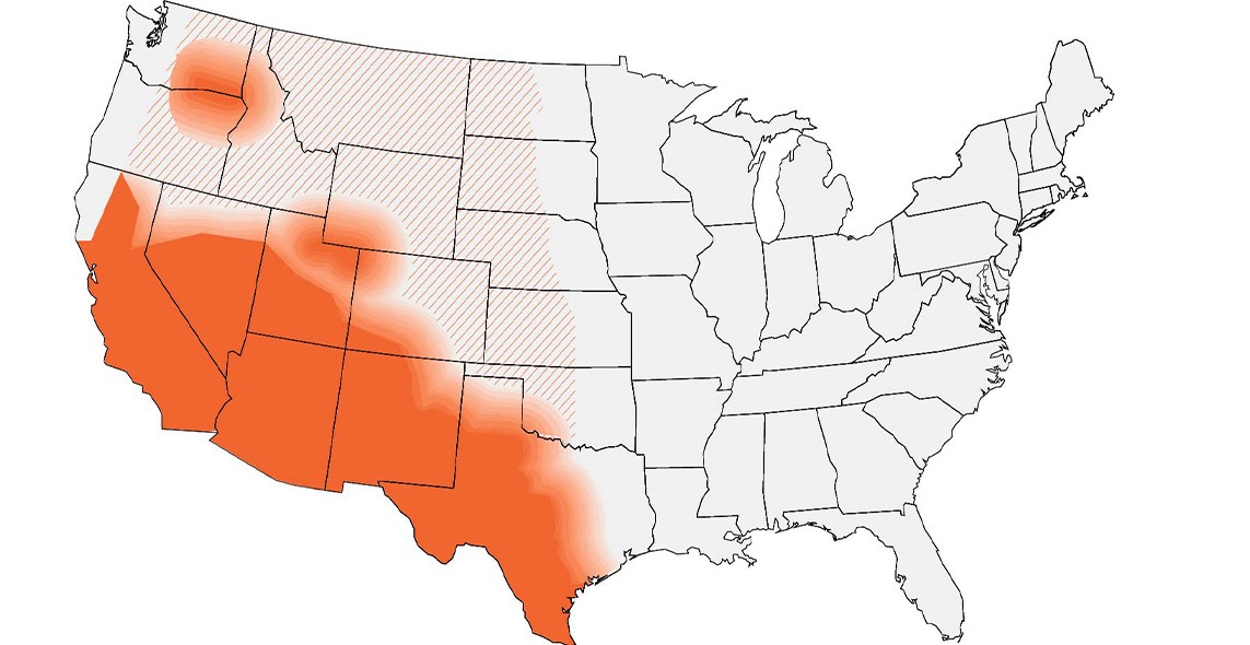 Map of the US showing areas in the southeast with Valley fever.
