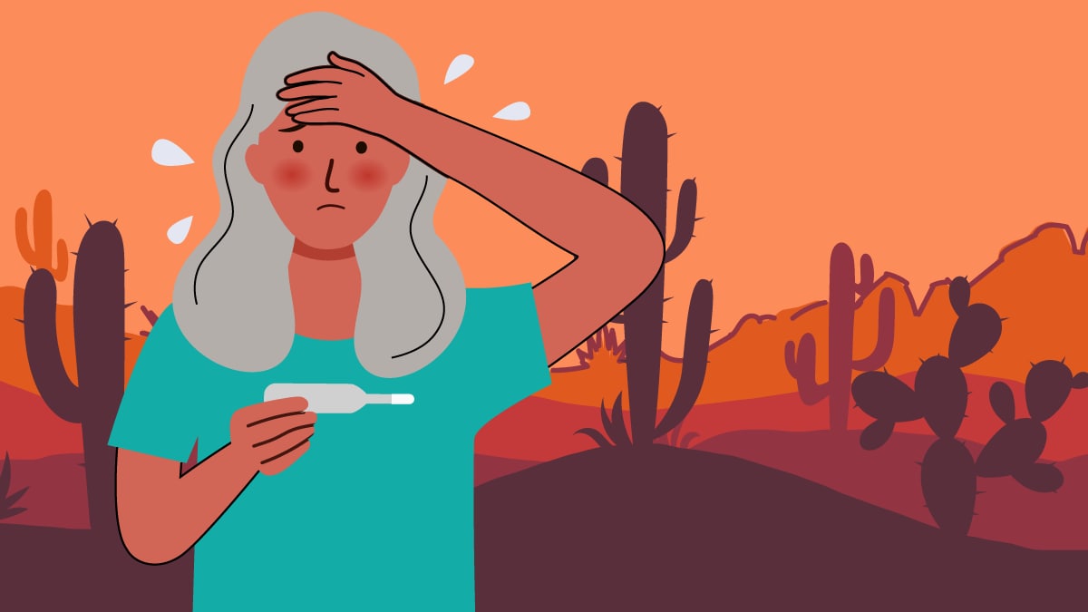 Female in a desert environment with flushed cheeks reading her temperature on a thermometer.