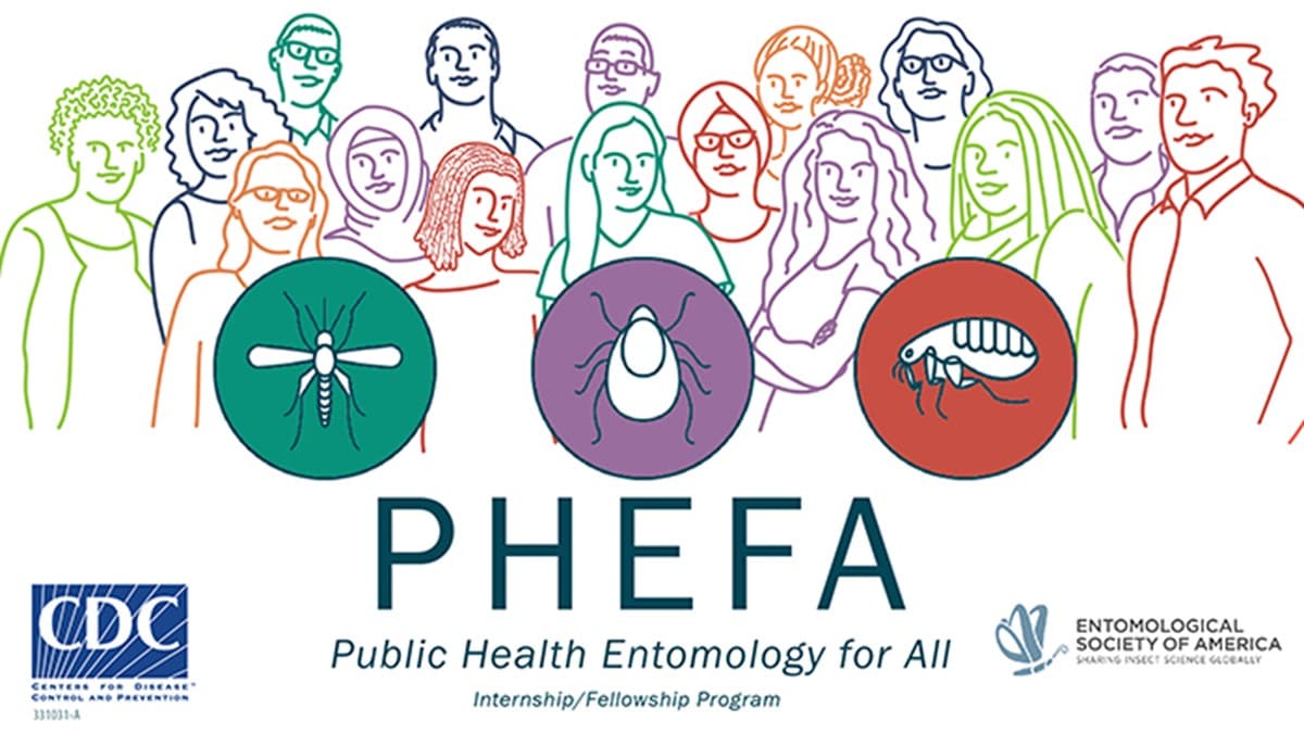 Illustration of 16 people with bubbles containing a mosquito, a tick, and a flea. Text reads "PHEFA, Public Health Entomology for All Internship/Fellowship Program."