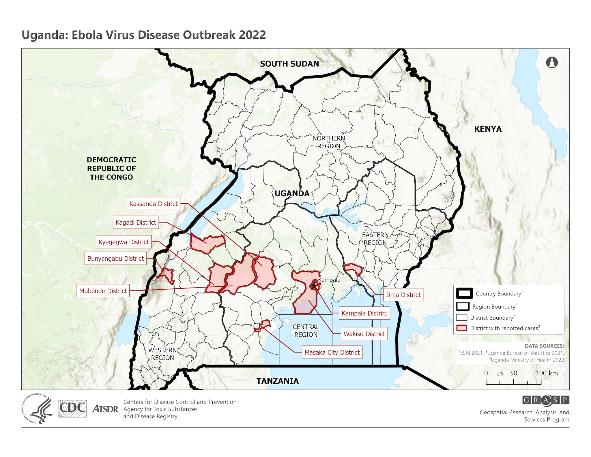 Map showing the Uganda EVD Outbreak from 9-20-22 in the Kyegegwa and Mubende Districts