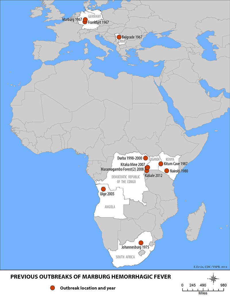 Map showing previous outbreaks of Marburg hemorrhagic fever.  Locations and years of outbreak are: Marburg 1967, Frankfurt 1967, Belgrade 1967, Durba 1998-2000, Kitaka Mine 2007, Kitum Cave 1987, Nairobi 1980, Maramagambo Forest (2) 2008, Kabale 2012, Uige 2005, Johannesburg 1975.