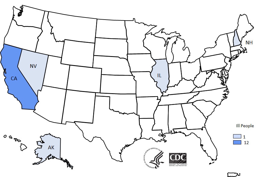 Map of United States - People infected with the outbreak strains of multiple gastrointestinal illnesses, by state of residence, as of May 9, 2019