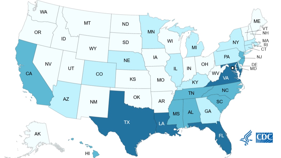 Map of Vibrio vulnificus cases in the United States reported to the Cholera and Other Vibrio Illness Surveillance System, by jurisdiction in 2019