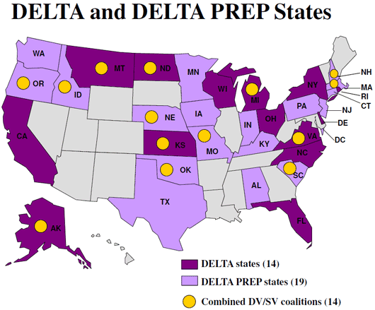 Map of United States with DELTA and DELTA PREP states highlighted