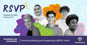 Five young people with the text, RSVP, Facebook Live, Preventing bullying and promoting health well-being among LGBTQ+ youth.