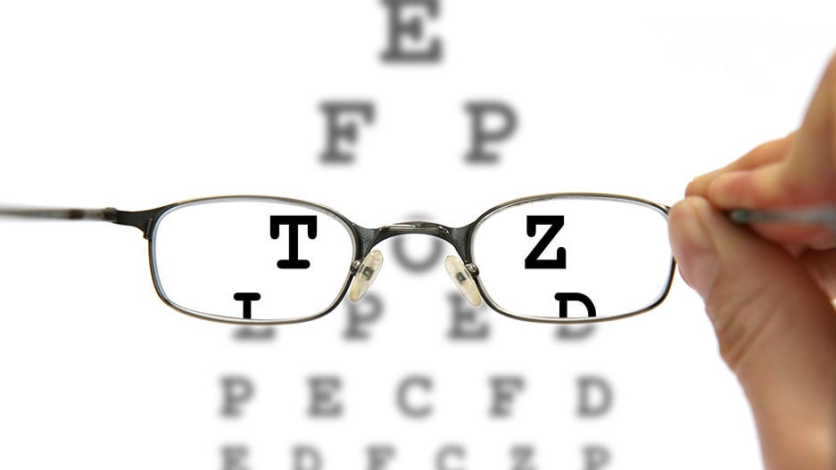 Image of glasses in front of an eye chart, showing that the glasses make it clearer to read