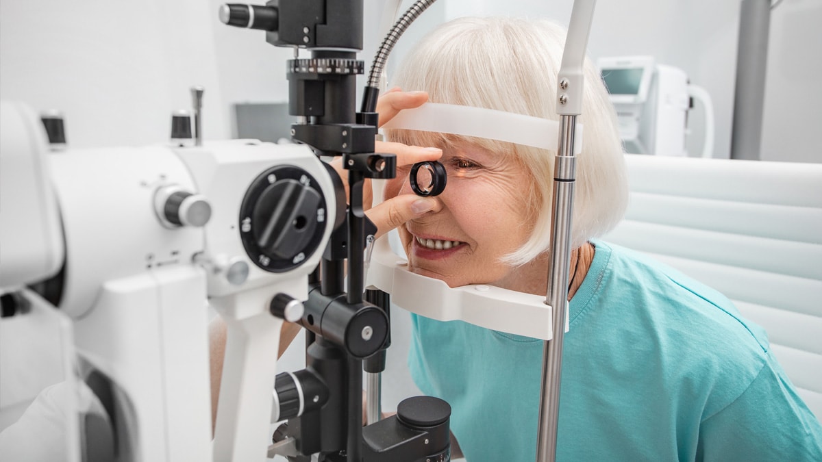 An older adult getting a glaucoma test