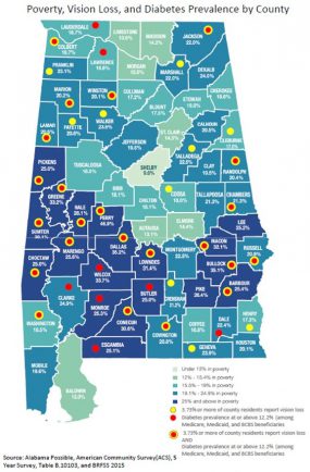 Alabama map; Poverty, Vision Loss, and Diabetes Prevalence by County
