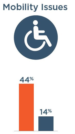 Mobility Issues: 44% with severe vision impairment, 14% without severe vision impairment