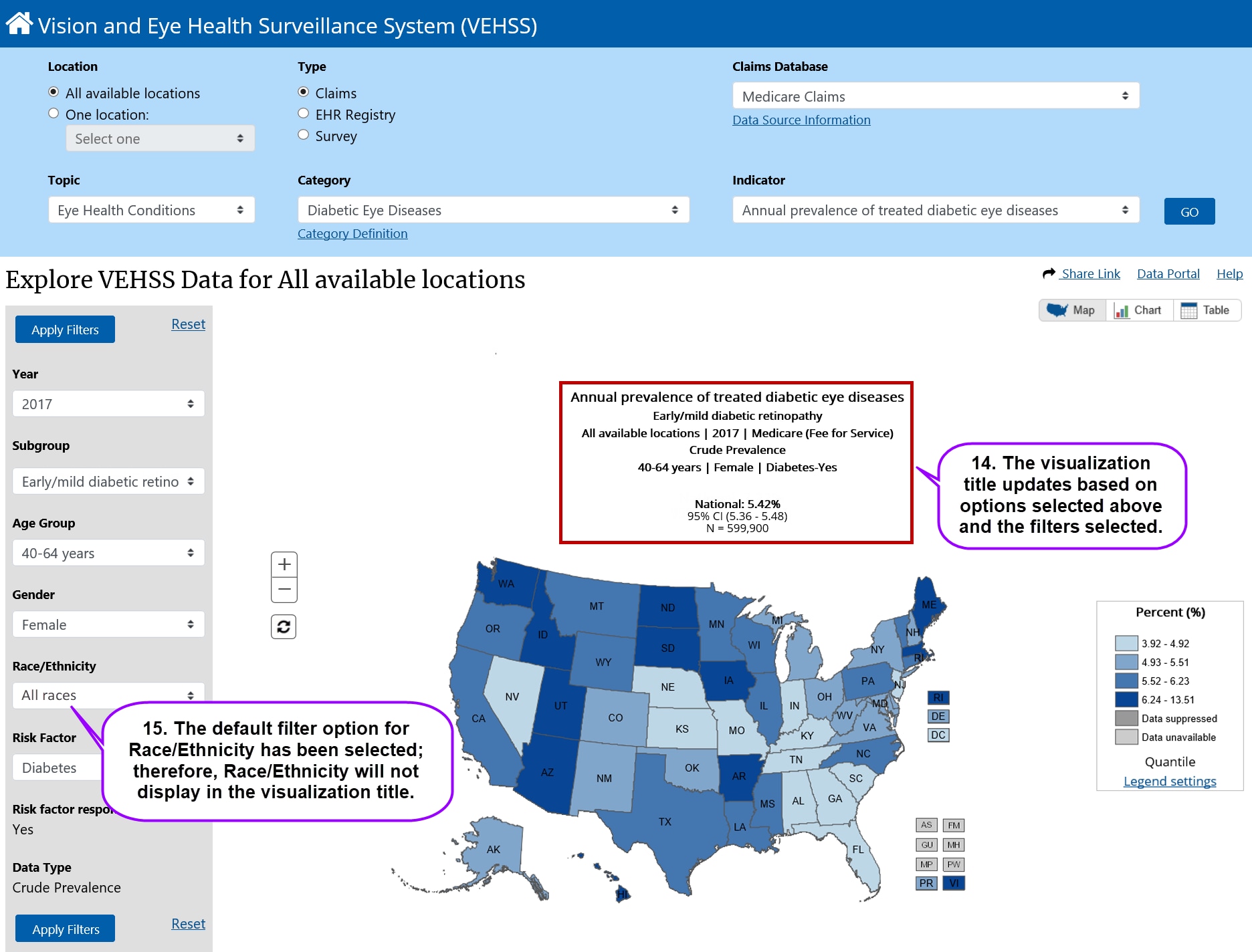 Screenshot showing an example of map and how primary menu and filter panel selections help generate the data visualization title