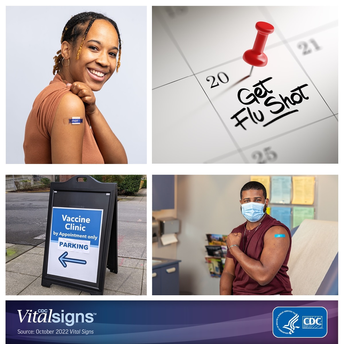 Photo collage of a woman who got vaccinated, a reminder on a calendar, a vaccine clinic sign, and a man who got vaccinated.