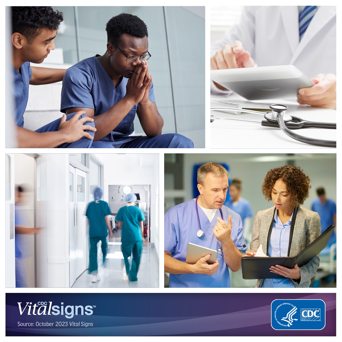 Photo collage of a health care provider comforting another health care provider, doctor working on a tablet, nurses walking through a hospital, and two health care providers having a discussion.