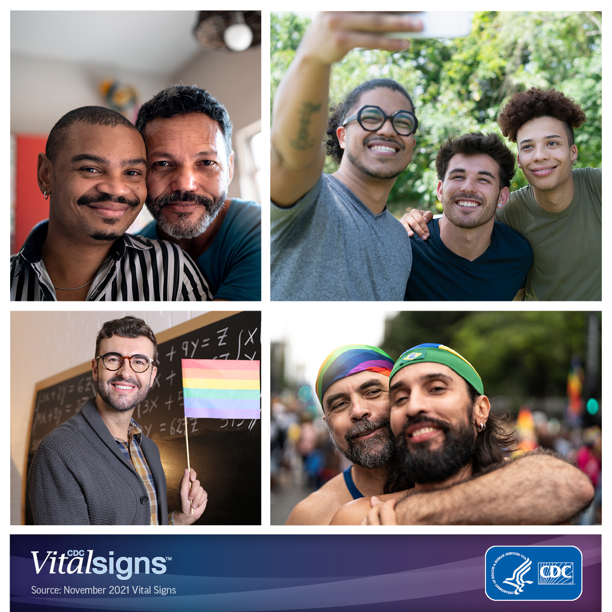 Gay man, couples, and friends Photo collage of a man holding a rainbow flag, two couples, and three friends