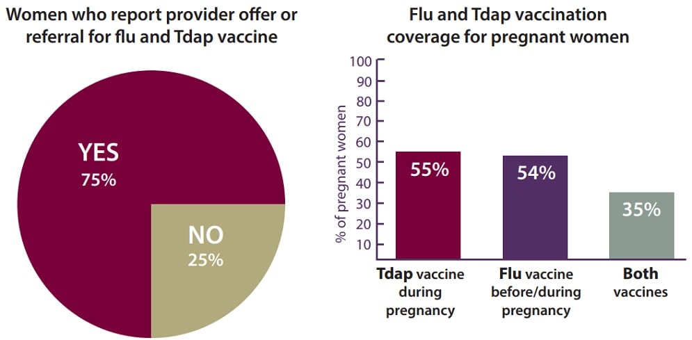 Vaccines often offered, but many pregnant women and babies left unprotected. Women who report provider offer or referral for flu and Tdap vaccine: Most (75 percent) women reported provider offer or referral for flu and Tdap vaccine and 25 percent reported that they had not been offered or received referral for flu and Tdap vaccine. Flu and Tdap vaccination coverage for pregnant women: Most women reported receiving Tdap during pregnancy (55 percent) or the flu vaccine before/during pregnancy (54 percent). Some (35 percent) women reported receiving both vaccines.