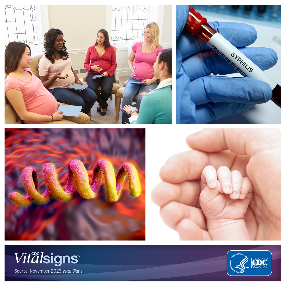 Collage of pregnant women talking, syphilis vaccine, CGI rendering of syphilis virus, and an adult hand holding an infant's hand.