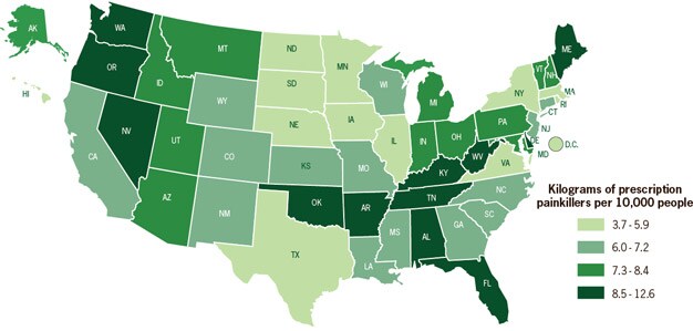 Map: Amount of prescription painkillers sold by state per 10,000 people (2010)