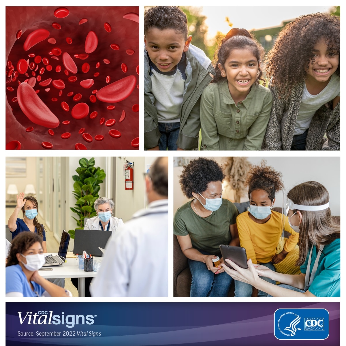 Photo collage showing sickle shaped blood cells, children, health care providers, and a nurse talking with patients.