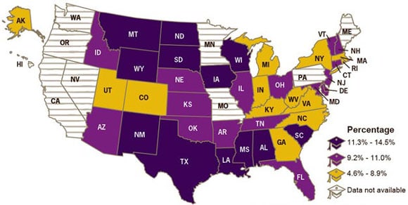 This map of the United States shows the percentage of teens in high school, ages 16 years or older, who reported drinking and driving, by state. 