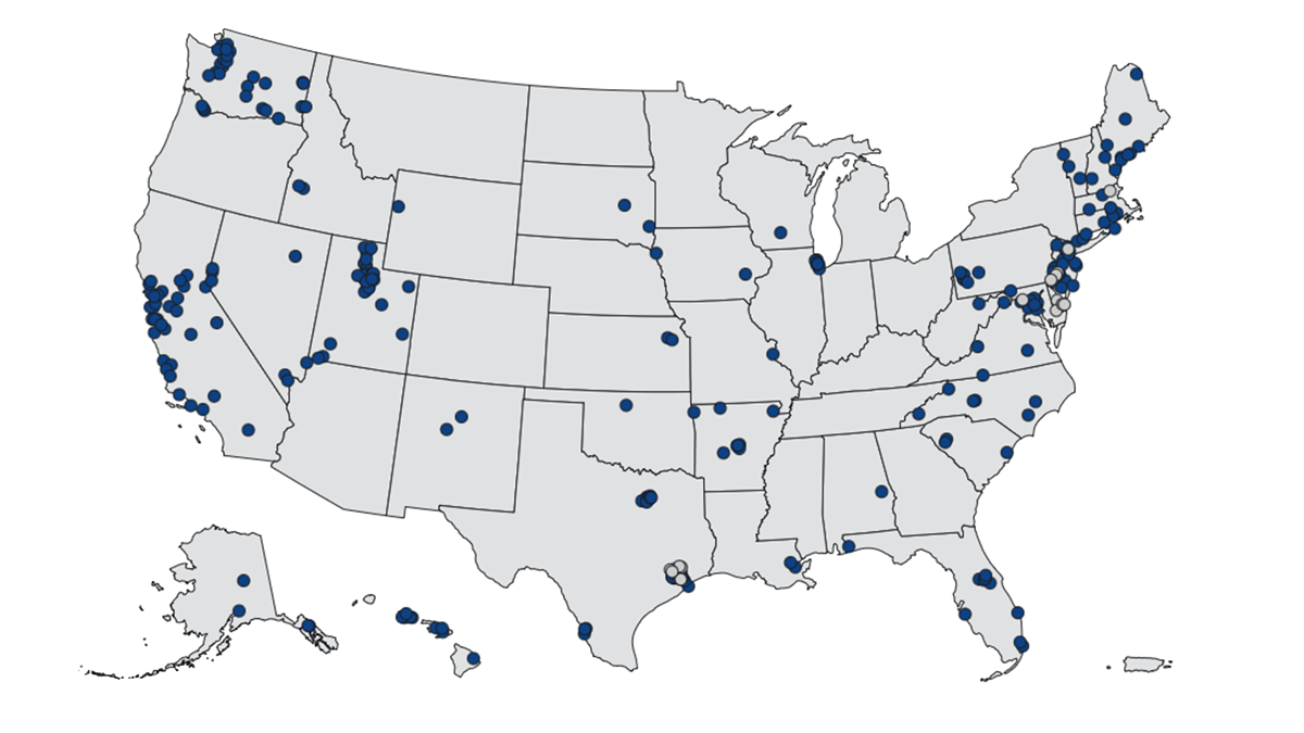 U.S. map showing monkeypox wastewater detection sites across states and territories.