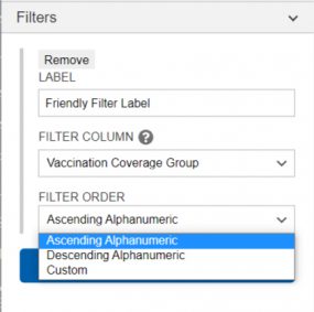 Screen Capture of the Filter options for Data Visualization Maps in the WCMS editor