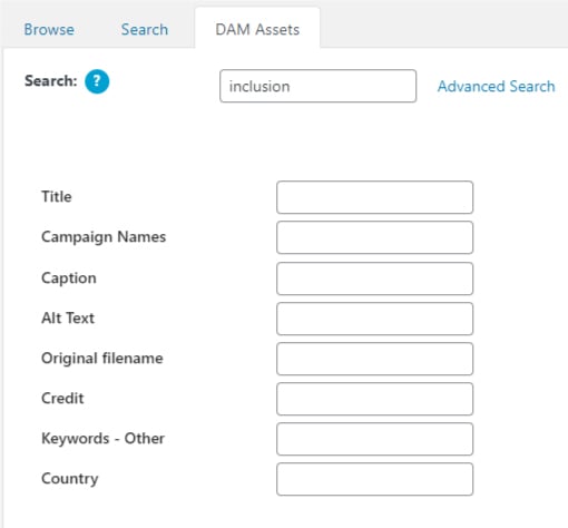 Screen Capture of Advanced Options available in the DAM Assets selection Tab in the WCMS Content Item Selector