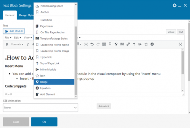 Menu Insert Badge Screen Capture of a the insert menu and badge option