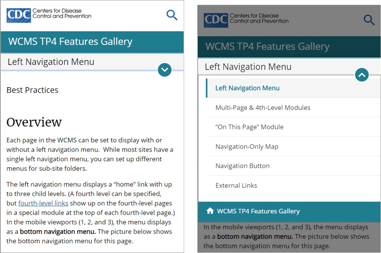 Screen capture of section nav menu in collapsed and expanded views