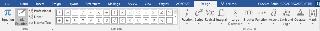Equation design menu in Microsoft Word