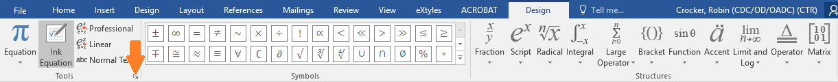 Equation tools option in Microsoft Word