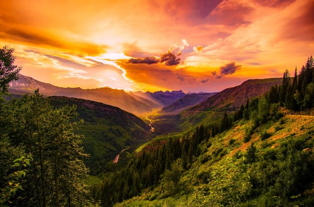 Sunset over a mountainous valley