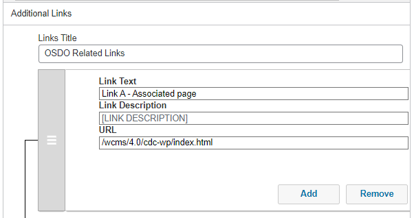 Additional Links Screen Capture of the Additional Links Section of the WCMS Org Chart Editor