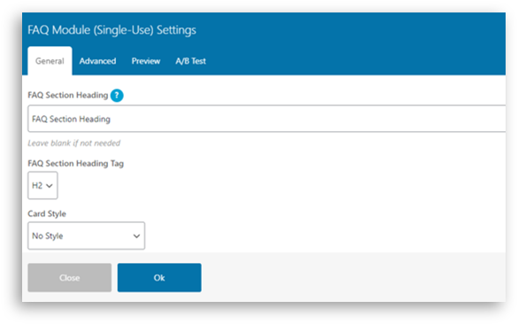 Image of settings window for creating an FAQ module