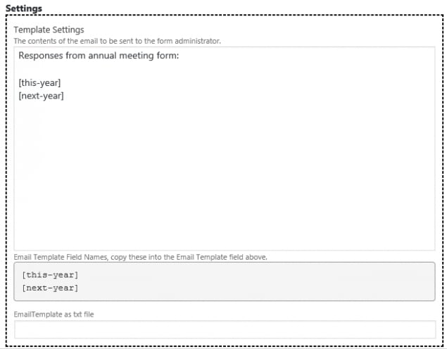 Screen capture of Settings for email template