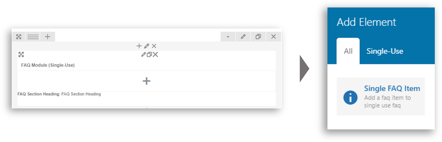 steps 2 Images Showing icon to click on and selection of Single FAQ Item to create a new Item