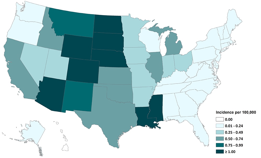 Map of the United States showing average annual incidence of West Nile virus neuroinvasive disease reported to CDC by state, 1999-2019