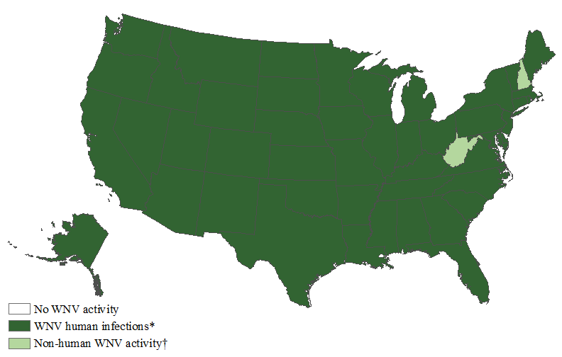 Map of the United States showing West Nile Virus Activity by State in 2021. See Data table below. 