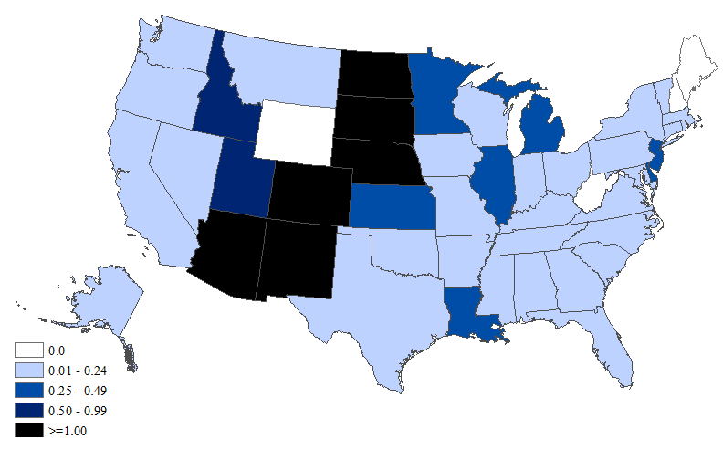 Map of the United States showing the incidence of human West Nile virus neuroinvasive disease by state. See below for data.