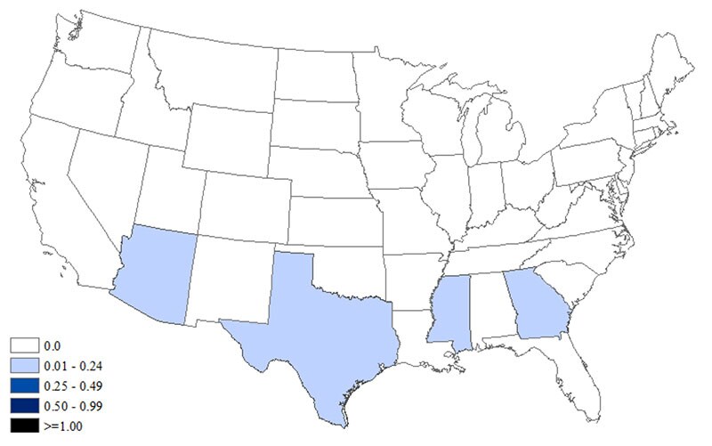 Map of the United States showing the incidence of human West Nile virus neuroinvasive disease by state. See below for data.