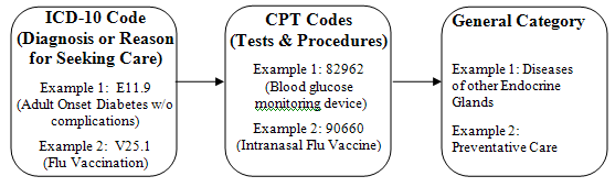 A figure depicts three boxes that explain ICD-10 and CPT codes