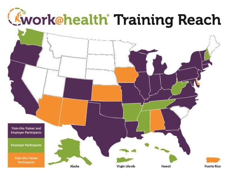 U.S. map showing the locations of the more than 300 participants in the Work@Health training sessions.