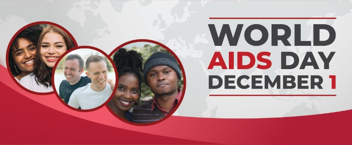 World AIDS Day, December 1 - Image composition featuring a ribbon and a diverse group of people